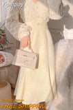 Yipinpay Long White Dress Women French Vintage V-neck Lace Slim Y2K Dress Spring Korean One Piece Casual Evening Party Dress 2023