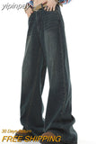 yipinpay Blue Women Jeans High Waist American Fashion Streetwear Wide Leg Jean Female Denim Trouser Straight Stripe Denim Pants