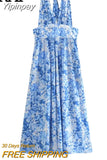 Yipinpay Print Halter Long Dress Women Blue Floral Backless Dress Woman Off Shoulder Sexy Summer Dresses Midi Holiday Party Dresses