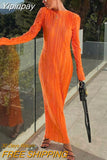 Yipinpay Women Elegant Orange Pleated Bodycon Dress 2023 Summer Chic O-Neck Long Sleeve Fold Dresses Fashion Street Ladies Vestido