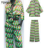 Yipinpay 2pcs Women Geometric Print Pant Shirt Sets 2023 Summer Long Sleeve Turn Down Collar Blouse+Wide Leg Trouser Causal Outwear