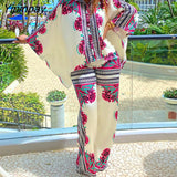 Yipinpay Women Casual Chic Turn Down Collar Batwing Sleeves All Over Print Button Asymmetrica Loose Pants Sets