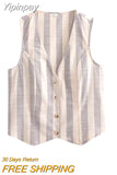 Yipinpay Fashion Striped Women's Vest 2023 Summer Female V-Neck Casual Sleeveless Vest Tops Ladies Chic Elegant Single-breasted Top
