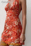 Yipinpay Women Close-Fitting Sexy Dress Floral Printed Pattern Sleeveless Deep V-Neck Lovely Mini Dress Backless Sleevesless Short Dress