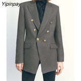 Yipinpay Spring Autumn Women Double Breasted Blazer Coat 2023 Vintage Notched Long Sleeve Jacket Office Lady Pockets Outerwear Tops