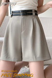 yipinpay Casual Suit Shorts Women With Double Belt Loose Wide Leg Short Pants Female OL Pockets Street High Waist Shorts Ladies
