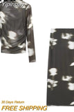 Yipinpay Tulle Skirt Woman Printed Mesh Skirt Sets High Waist Elegant Long Skirts For Women Fashion 2023 Autumn Winter Skirts