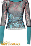 Yipinpay Women's Summer Y2K Vintage Sheer See-through Slim Tops Long Sleeve Round Neck Pattern Print Mesh Patchwork T-shirt
