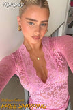 Yipinpay MO See Through V-neck Long Sleeve Lace Skinny Tops Outfits Women 2023 Summer Party Club T-Shirts Tees Club Party Clothes 920