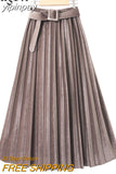 yipinpay Autumn Winter Skirt Women With Belt Long Metallic Silver Maxi Pleated Skirt Midi High Waist Fashion Vintage Saia Party