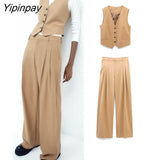 Yipinpay 2023 Women Pant Vest Suit Sets Spring Autumn Fashion V-neck Coat Zipper Wide Leg Pants Basic Causal Office Outfits Outwear