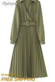 Yipinpay Pleated Long Dresses For Women Green Shirt Dress Woman Long Sleeve Midi Dresses Autumn Winter 2023 Women's Elegant Dress