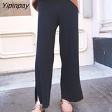 Yipinpay Autumn/Winter Women Pants Warm High Waist Loose Knitted Wide Leg Pants Baggy Side Slit Casual Pants Female