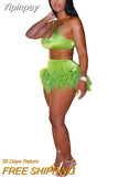 Yipinpay Feather Fringe Shorts Crop Top Two Piece Set Summer Women Sexy Bodycon Tracksuit Party Outfits 2023 Swimsuit Cover-up