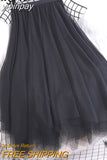yipinpay Women Tulle Tutu Midi Mesh Skirts Kawaii Bridesmaids Hit Color Irregular Dance Pleated Skirt Girls Black Pink Faldas