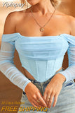 Yipinpay sale! Summer Corset Top Women Y2k Tops Blue Boycon Crop Top Off The Shoulder Sexy Mesh Top Outfits Girl Party Clubwear