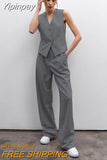 Yipinpay Gray Office Two Pieces Pants Suits Blazers Vest And Wide Leg Pants Women Sets Business Casual Ladies Outfits 2023