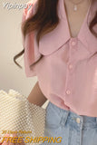 Yipinpay Temperament Simple Lapel Top Camisas Summer Blouse Vintage Short Sleeve Shirt Blusas Mujer De Moda Doll Shirts for Women