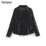 Yipinpay Spring Autumn Women Tassels Sequined Shirts Pant Sets 2023 Causal Single Breasted Top Elastic Waist Pants Outwear