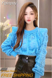Yipinpay Vintage Pink Hollow Out Cropped Sweater for Women 2023 Puff Sleeve Tshirt Korean Clothes Jersey Jumper Sueter Mujer Knit