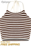 Yipinpay Striped Color Block Knitted Crochet Camisole Casual Women Halter Tied Up Crop Tops Summer Street Beach Backless Tops