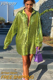 yipinpay Blouses Long Sleeve Top Sequin Shirts Women Y2K Solid Shirt Autumn Winter 2023 Chic Streetwear Green V Neck Blouse