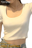 Yipinpay Women Crop Tops Shirts Harajuku Female U Neck Short Sleeve Solid Color Slim Fit Short T-shirts Tees Women's Clothes