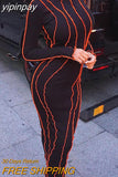 yipinpay O Neck Sexy Women Long Ribber Knitted Bodycon Striped Dress Y2K Fashion Orange Maxi Wrap Party Club Dress 2023 Autumn