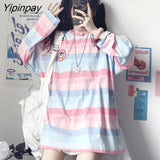 Yipinpay New Spring Women T-shirt Long Sleeve Loose Harajuku Sweet Cute Color Stripes Thin Female Tops Pullovers Causal
