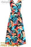 Yipinpay European and American New Large Size Fashion Sleeveless Bow Sling Printed Big Swing Beach Skirt Dress Women