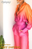 Yipinpay Loose Gradient Blouse 2 Piece Set Elegant Satin Long Sleeve Shirt Straight Pant Outfits 2023 Spring High Street Lady Suit