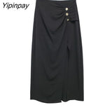 Yipinpay 2023 Women Solid Mid-Calf Skirts Summer Fashion High Waist Side Split Skirt Dress Female Vintage Straght Skirts