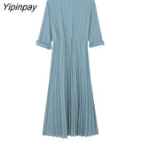 Yipinpay 2023 Women Solid Pleated Shirt Dresses Summer Elegant Turn Down Collar Mid-Calf Dresses A-line Long Sleeve Vestidos
