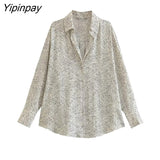 Yipinpay Summer Women Printed Skirt Set Long Sleeve Turn Down Collar ShirtHigh Waist Straight Elastic Pleated Skirts Casual Outwear