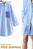 Yipinpay Blue Shirt Dress Woman Patchwork Striped Short Dresses For Women Asymmetric Loose Long Sleeve Dresses Women's Summer Dress