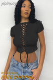 yipinpay Tee Tops Short Sleeve Crop Top Women Hollow Out T Shirt Summer Y2K Clothes Skinny Black Top Streetwear White T-Shirts