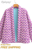Yipinpay TRAF Ethnic Style Print Quilted Coats for Women 2023 Autumn Winter Vintage Jackets Coat Female Long Sleeve Warm Outerwear