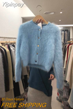 Yipinpay Cashmere Knitted Cardigan Coat Korean Fashion Solid O Neck Short Blue Mohair Sweater Wild Fleece Tops Soft New Fall