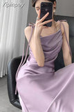 Yipinpay Elegant Sling Satin Dresses For Women Summer Sleeveless Folds Purple Long Dress Vestidos