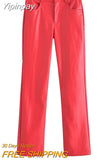 Yipinpay Women Fashion Mid Waist Straight Pants Female Red Leather PU Winter Trousers Ladies Chic Casual with Zipper Fly Pants