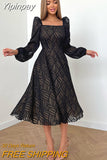 Yipinpay Jacquard Black A-Line Dress Women Lantern Sleeve Flowing Elegant Dresses Office Chic Long Dress Ruched Autumn 2023