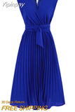 Yipinpay European and American Summer Sleeveless V-neck Lace-up Fashion Slim Temperament Pleated Dress