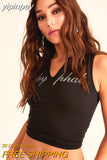 yipinpay Top Women Letter Print Crop Top Black Tank Top Basic Sleeveless Brown Tops Sexy Vest Streetwear Y2K Clothes Summer