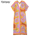 Yipinpay 2023 Summer Boho Long Silk Dress Women Print Long Shirt Style Dresses Elegant V-Neck Holiday Party Beach Dress Vestidos