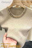 Yipinpay for Women High End Short Sleeve Knitted T-Shirt 2023 Summer French Office Lady Style Tops Femme Chic Chain Neck Tees