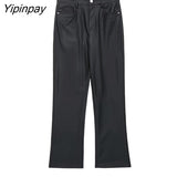 Yipinpay 2023 Autumn Winter Ladies Faux Leather Pants High Waist Pockets Pants Waterproof Fitness Zipper Flare Trousers Three Colors