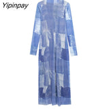 Yipinpay Elegant Women Patchwork Tulle Dresses Vintage Party Sheath Mid-Calf Dress Long Sleeve Turtleneck Vestidos Spring Autumn