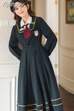 Yipinpay Sweet Autumn Women Pleated Dress JK Student Uniform Preppy Style Retro Embroidery Female Dresses 2023 HOT High Waist