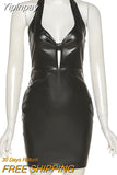 Yipinpay Black PU Leather Bodycon Dress Women Backless Halter Skinny Mini Dresses Party Clubwear Sexy Sleeveless Cut-Out Vestidos