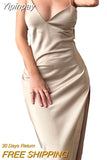 Yipinpay Women Satin Silky Spaghetti Strap Split Long Dress Elegant Sleeveless Backless Club Party Beach Sexy Vestito For Summer